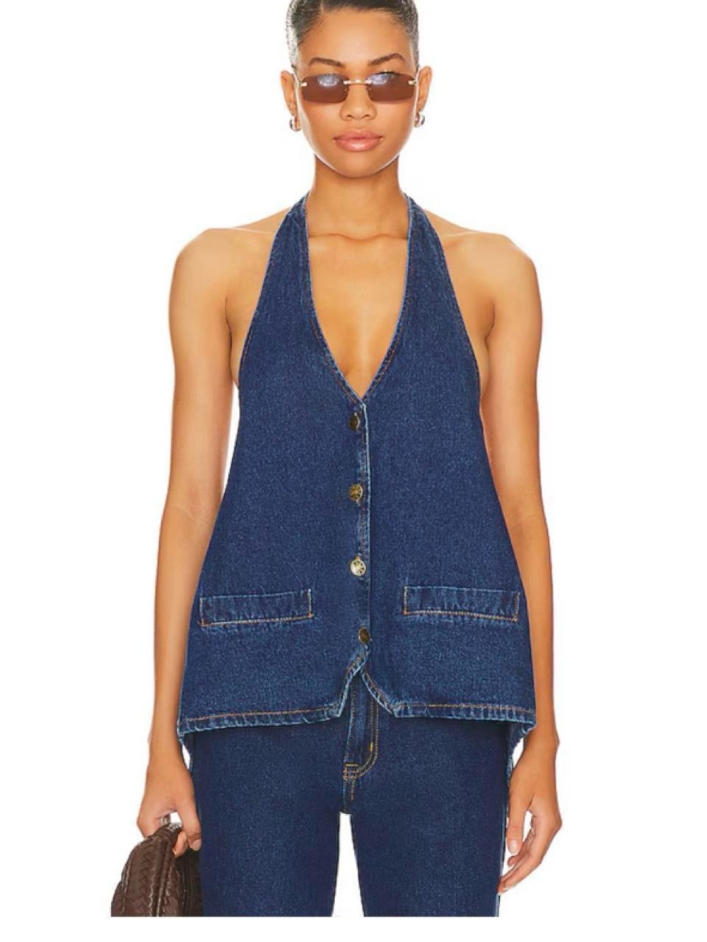 Lioness Dark Blue Denim Halter Button-Up Vest